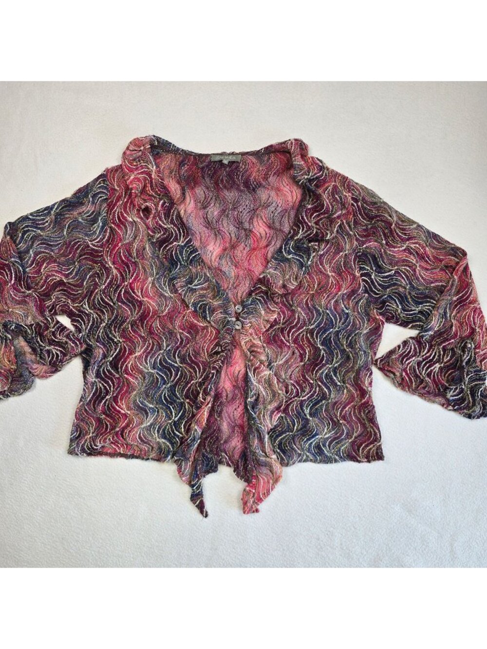 Sahara XL Sheer Button Front Top Cardigan Wavy Pattern Boho Artsy Tie Dye